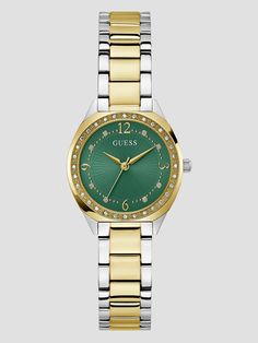 Silver and gold-tone green analog watch Gold-tone case and round bezel embellished with crystals Radial green dial Minimalist hour markers detailed with crystals Polished stainless steel link bracelet Deployment buckle closure Case diameter in mm: 30 Water resistant up to 30 m/ 98 ft 2 year limited warranty Formal Green Diamond Watch With Round Dial, Green Watches With Diamond Hour Markers, Collectible Gold Watch With Rectangular Dial, Ladies Gold Tone Stainless Watches, Luxury Yellow Gold Watches With Box Clasp, Yellow Gold Automatic Watch With Rectangular Dial, Ladies Gold Tone Stainless Watches Less Than $100.00, Analog Watch, Gold Watch