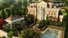 an artist's rendering of a large mansion in the middle of a lush green forest