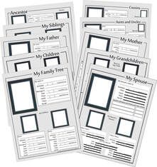 four pages with black and white text on them, each containing an individual's family tree