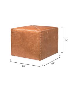 a brown leather cube ottoman with measurements for the top and bottom section, shown on a white background