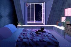 a black cat sitting on top of a bed in a room with blue walls and windows