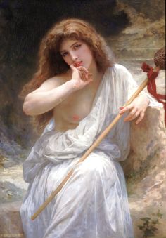 a painting of a woman holding a stick in her hand and pointing to the side