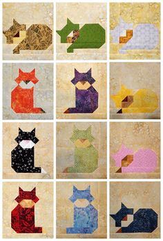 nine quilts with different shapes and sizes on them, all showing the same cat's head