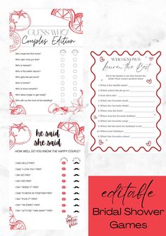 the editable bridal shower game is shown in red and black