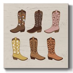 six pairs of cowboy boots painted on wood