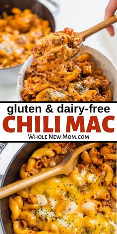 two pictures with the words gluten and dairy - free chili mac in them