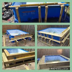 several pictures of the different stages of building a swimming pool with pallets and boards