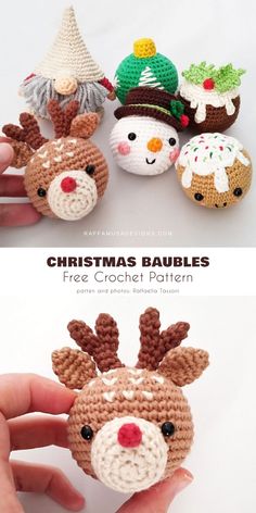 crocheted christmas baubles are shown in three different styles and sizes, including one for the nose