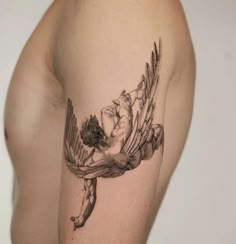 a man with a tattoo on his arm is holding a flower in one hand and an arrow in the other