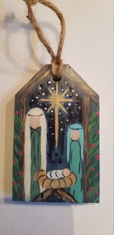 Solid pine 5 x 3.5 x .75 inches Original acrylic painting Sealed Comes with jute. Hand Painted Nativity Ornament, Nativity Christmas Tree, Nativity Wood, Tree Hangings, Nativity Craft, Christmas Crafts Snowman, Nativity Painting, Paint Christmas, Jesus Crafts