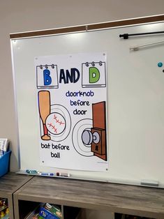 a whiteboard with an advertisement on it in a room filled with children's toys