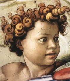 a painting of a child with curly hair holding a frisbee