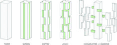 four different types of tall buildings with green and white trimmings on each side