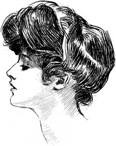 a black and white drawing of a woman's head with her hair in a bun