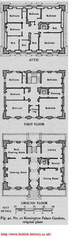 three plans for the first and second floors of an old building, with different rooms