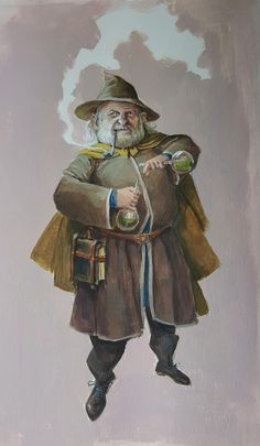 a painting of an old man with a hat and coat, holding a pipe in his hand