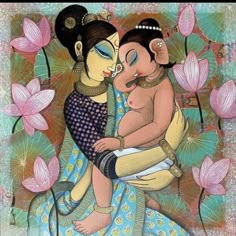 a painting of two women hugging each other in front of pink lotus flowers and leaves