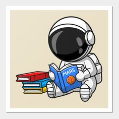 an astronaut reading a book while sitting on top of books in front of him,