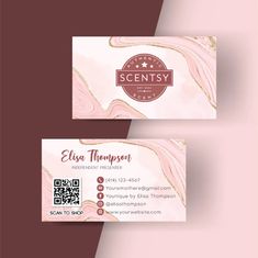 two business cards with pink marble and gold accents