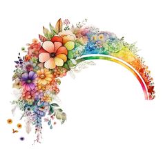 a rainbow colored flowered arch with butterflies and flowers on the top, in front of a white background