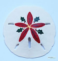 a white sand dollar with red and green decorations on it's side, in the shape of a flower