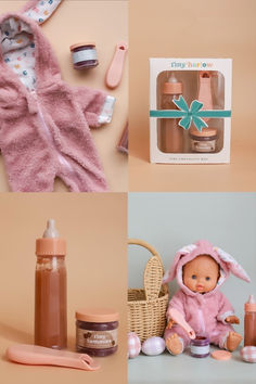 Photo collage of a Minikane doll wearing a pink bunny sleeper with a Tiny Tummies chocolate Easter set. Set includes a chocolate milk bottle and chocolate pudding for dolls. Milk Chocolate Pudding, Easter Dolls, Feeding Spoon, Milk Bottles, Pink Bunny, Themed Gifts, Chocolate Pudding, Baby Food