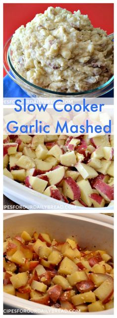 slow cooker garlic mashed potatoes in a casserole dish and then topped with bacon