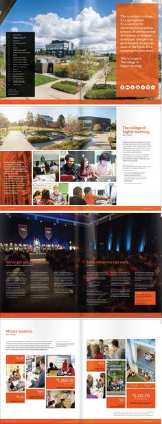 an orange and black brochure with many different images