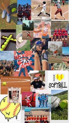 a collage of pictures with people and sports equipment in them, including softballs