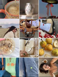 a collage of pictures with various items and people on the beach, including an umbrella