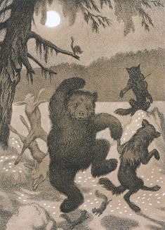 a drawing of two bears playing in the snow under a tree with another bear standing on its hind legs