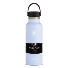 the hydro flask water bottle is light blue and has a black cap on it