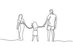 a man and woman holding hands with a small child in front of them, one line drawing