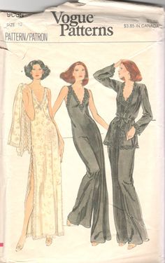 Vogue 9668; Misses' Jumpsuit, Gown and Jacket. Sleeveless, slightly A-line evening length gown or jumpsuit has deep front and back V-neckline, cutaway armholes and left shoulder button and loop closing. Gown has deep side hemline slits. Loose-fitting jacket has cardigan neckline, full-length sleeves and self tie belt holding in fullness at waistline. Purchased lace trim. Instinctivley feminine!  A bed of roses air about this pair! Lovely lace-lavished satin creates this house beautiful gown and cardigan!  Copyright 1976 Size: 12 Bust: 34 Waist: 26 1/2 Hip: 36 This pattern is uncut and factory folded.  The envelope is tattered. OR Size 14 Bust 36 Waist 28 Hip 38 This pattern is uncut and factory folded.   The envelope has tattering.  Purchase includes resealable bag for your pattern's long Jumpsuit Gown, 70s Vogue, V Neck Jumpsuit, Jacket Pattern Sewing, Jumpsuit Pattern