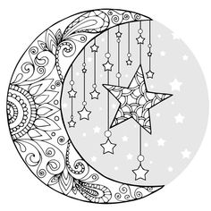 the moon with stars and swirls on it is outlined in black and white coloring