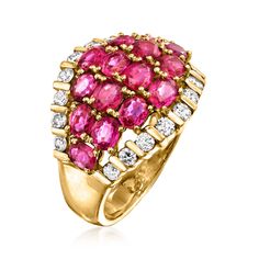 Ross-Simons - C. 1980 Vintage 3.46ct t. w. Ruby, .60ct t. w. Diamond Ring Size 6.5. C. 1980. From our Estate collection, this glamorous ring is piled high with 3.46 ct. t. w. oval rubies in a lush cluster of fiery sparkle. Finely crafted in polished 18kt yellow gold with scintillating borders bright with .60 ct. t. w. round brilliant-cut diamonds. 5/8" wide. Diamond and ruby ring. Exclusive, one-of-a-kind Estate Jewelry. Ruby birthstones are the perfect gift for July birthdays. Diamond And Ruby Ring, Jewelry Ruby, Ruby Diamond Ring, Amazon River, Ruby Birthstone, Ingredients List, July Birthday, Pretty Rings, Ruby Ring