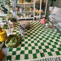 a green and white checkered rug with a cat on the floor next to it