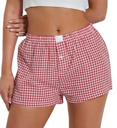 PRICES MAY VARY. Material: Women gingham pajama bottoms made by high quality 95%polyester, 5%cotton fabric. The casual lounge shorts for women are breathable and skin-friendly. Cut from soft fabric for a comfortable fit, brathable and lightweight, y2k going out shorts for women, ginham boxer shorts. Feature: Plaid shorts, elastic waistband with patched label, low waist, plaid print, button front, shorts for women, loose fit, above knee length, pull-on closure, wide leg gingham boxer pajama short Casual Knee-length Shorts, Flannel Pjs Shorts, Flannel Shorts Pj, Plaid Shorts Pj, Cheap Pajama Shorts, Plaid Short Pants, Cute Christmas Pj Shorts, Low Pants With Boxers, Pyjama Shorts Women