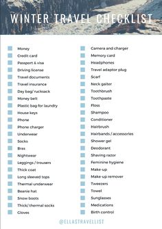 the winter travel checklist is shown in blue and white, with text overlaying it