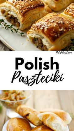 polish pastries on a white plate with dipping sauce and herbs in the background, along with text overlay that reads polish positeki