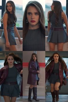 a collage of photos showing the same woman in different outfits