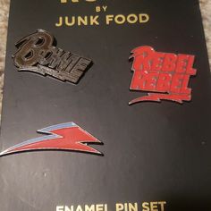 3 David Bowie Pins. Rock By Junk Food Enamel Pin Set. Food Clothes, Mens Accessories Jewelry, David Bowie, Junk Food, Enamel Pin, Black Red, Clothing Accessories, Black And Red, Mens Accessories