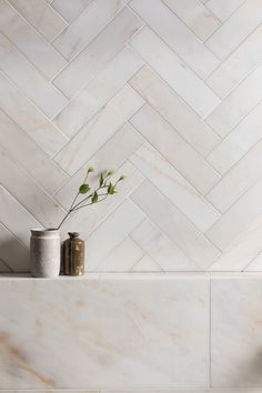 two vases with flowers sit on a shelf in front of a white tiled wall