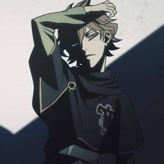 an anime character with his hand on his head and arms behind his head, wearing a cape