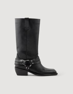 Boots Sandro, Cow Socks, Boots Men Outfit, Leather Biker Boots, Boots Square Toe, Accessories Bags Shoes, Sandro Paris, Knee High Leather Boots, Boot Pumps