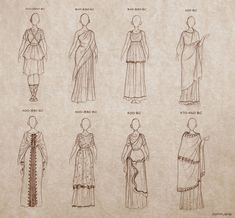 an old paper drawing shows different types of dresses