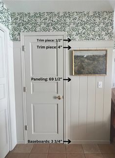 the measurements for a door in a room with white walls and brown tile flooring