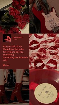 there is a red record with lipstick on it and a guitar in the background that says, are you sick of me would you like to be listening to something?