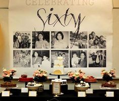 a table topped with cakes and desserts covered in frosting next to a poster