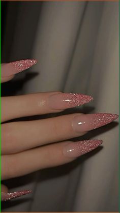 #nailart #nails #glitter #glitternails #longnails #gelnails #pink Nails Pink Gold Glitter, Reflective Glitter Acrylic Nails, Pink Holiday Nails Almond, Pink Glitter Manicure, Pink Sagittarius Nails, Pink December Nails, Glinda Nail, Glitter Nails With Gems, Pink And White Ombre Nails With Glitter